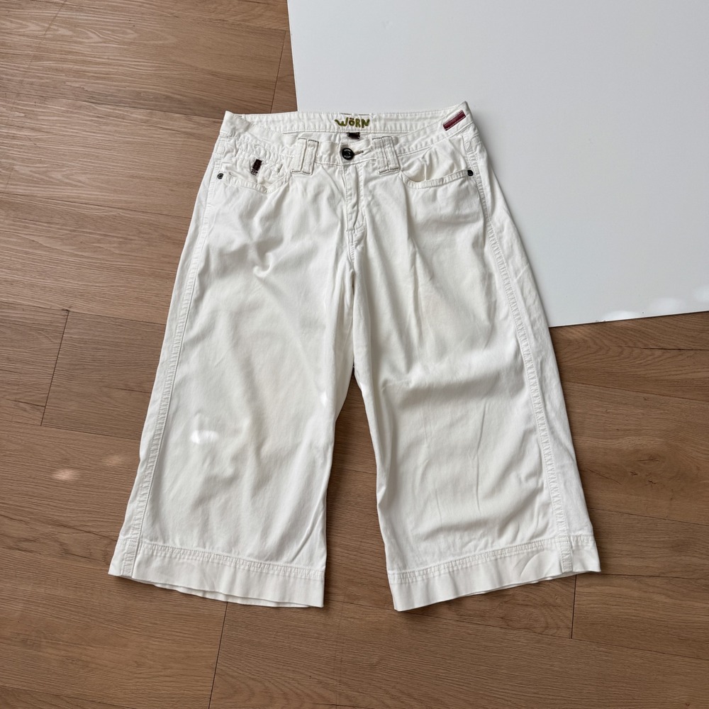 Y2K White Wide Leg Capri Pants Size 12 Low Rise Cotton Stretch
